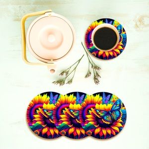 “Sunflower and butterfly” custom, ceramic drinking coasters